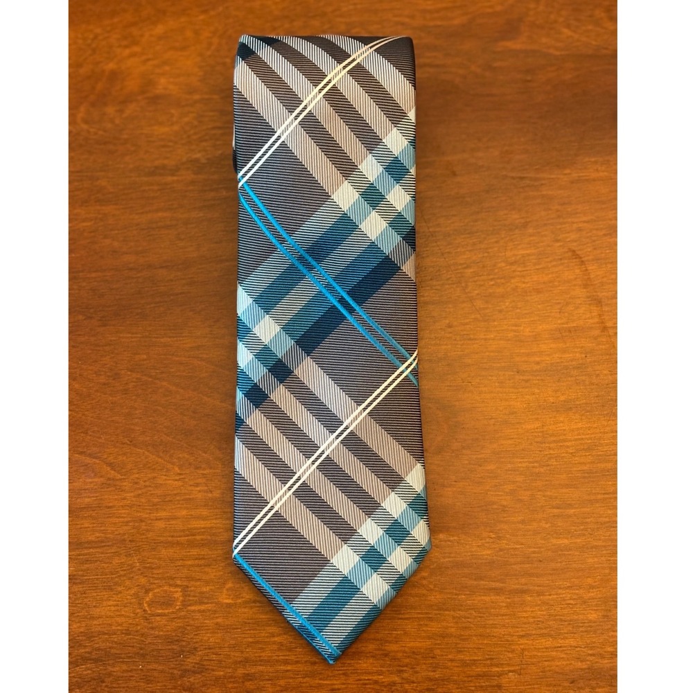Geoffrey Beene Necktie Mens OS Grey Blue Plaid Silk Blend Excellent